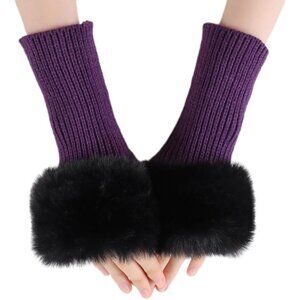 Women's Purple Knitted Fingerless Faux Fur Wrist Cuff Thumb Hole Warmers Gloves
